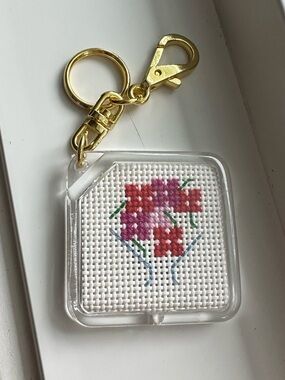 Handmade Cross Stitch Floral Keychain - Gold Tone Hardware